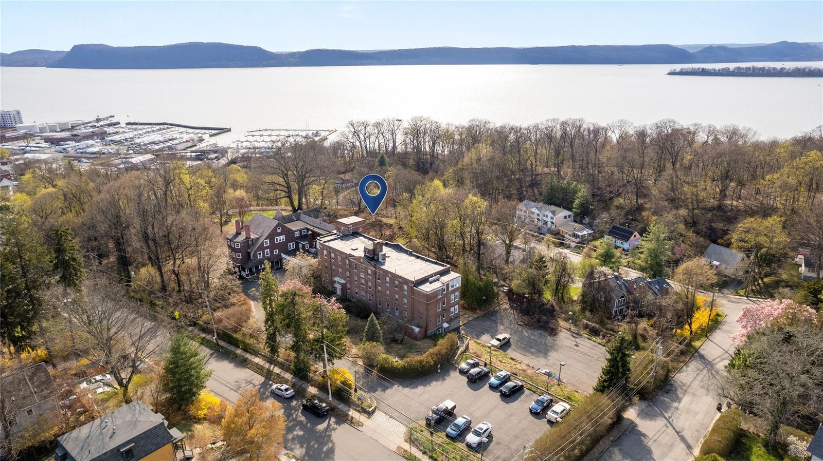 Aerial view of Victoria Home campus overlooking the Hudson River in Ossining