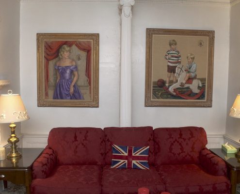 Red couch sitting area